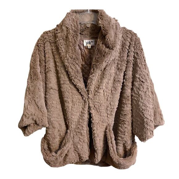 JOLT Faux Fur Coat Sz M Brown Wide Sleeve Pocket Roll Collar Butter Soft - Picture 2 of 10